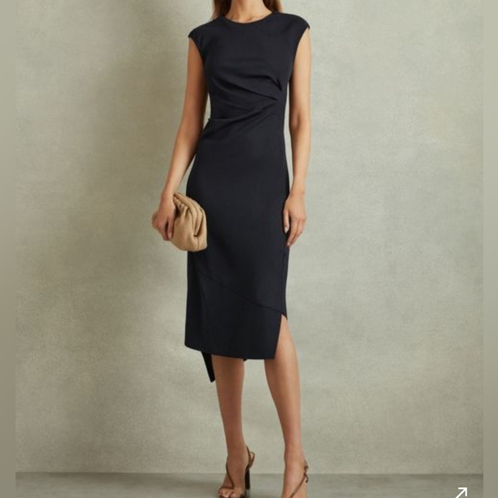 Reiss Francesca Bodycon Ruched Midi Dress in navy blue size 10